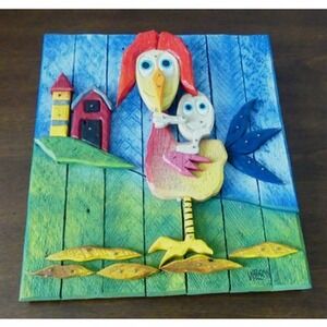 Rural Farm Wood Folk Art Hand Carved Wall Hanging Egg Riding Chicken Person OOAK